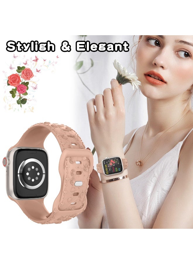 Embossed Flower Band Compatible with Apple Watch Band 40mm 44mm 41mm 38mm 45mm 42mm 49mm Women,Cute Rose Engraved Strap Soft Silicone Wristbands for iWatch Series 9 8 7 6 SE 5 4 3 2 1 Ultra - Image 4