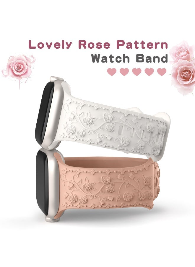 Embossed Flower Band Compatible with Apple Watch Band 40mm 44mm 41mm 38mm 45mm 42mm 49mm Women,Cute Rose Engraved Strap Soft Silicone Wristbands for iWatch Series 9 8 7 6 SE 5 4 3 2 1 Ultra - Image 2