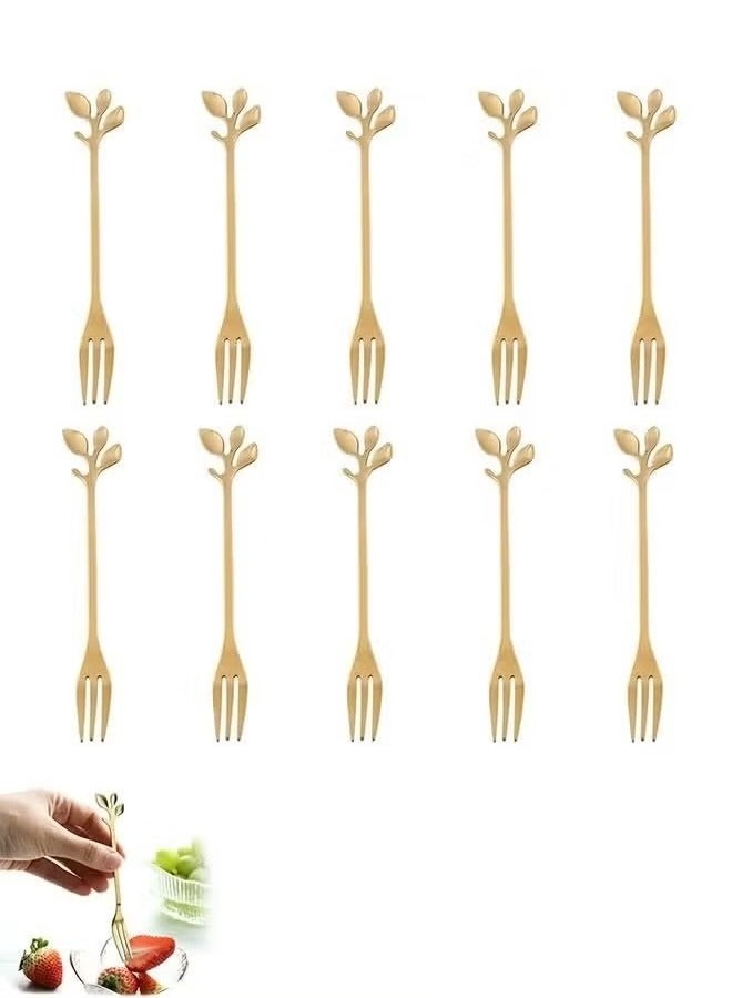 10 Pcs Leaf Shape Fruit Forks Set, Stainless Steel Gold Fruit Salad Forks, 4.7 Inches Tasting Dessert Forks (Golden)  - Image 1