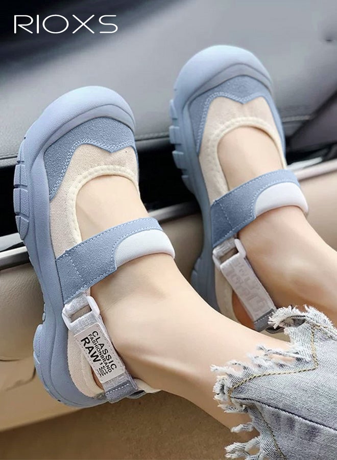 ريوكس حذاء رياضي نسائي غير رسمي للمشي، حذاء كلاسيكي ماري جين مسطح للسيدات، حذاء قماش للمشي بقدم عريضة ومقدمة مستديرة للسيدات، حذاء رياضي مريح وخفيف الوزن ومقاوم للانزلاق، حذاء نسائي يومي للقدم العارية، حذاء أنيق للأنشطة الداخلية والخارجية، أزرق - Image 2