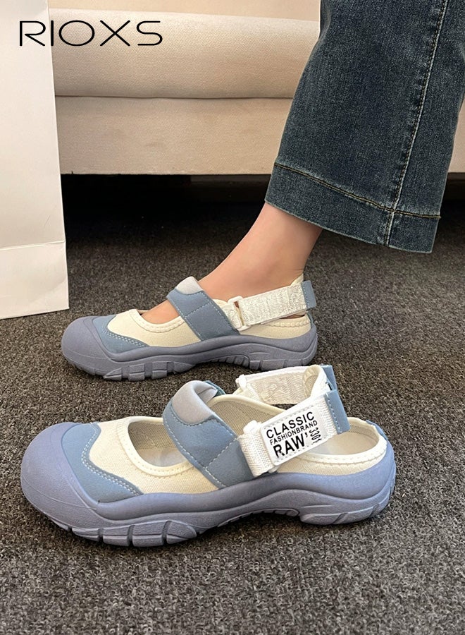 ريوكس حذاء رياضي نسائي غير رسمي للمشي، حذاء كلاسيكي ماري جين مسطح للسيدات، حذاء قماش للمشي بقدم عريضة ومقدمة مستديرة للسيدات، حذاء رياضي مريح وخفيف الوزن ومقاوم للانزلاق، حذاء نسائي يومي للقدم العارية، حذاء أنيق للأنشطة الداخلية والخارجية، أزرق - Image 4