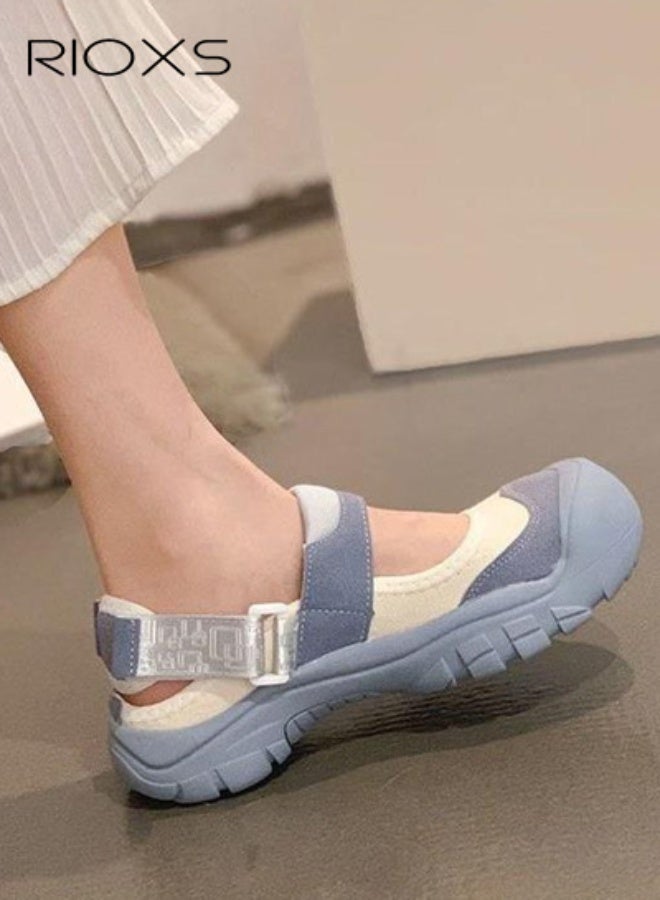 RIOXS Women's Fashion Sandals, Ugly Cute Casual Shoes with Classic Velcro, Wide Round Toe Lady's Canvas Walking Shoes, Comfy Lightweight Sneaker Sandals, Women's Comfort Shoes for Daily Wear, Non-slip Flat Sandals for Ladies, Stylish Woman Footwear for Indoor Outdoor Activities, Blue Sandals - Image 5