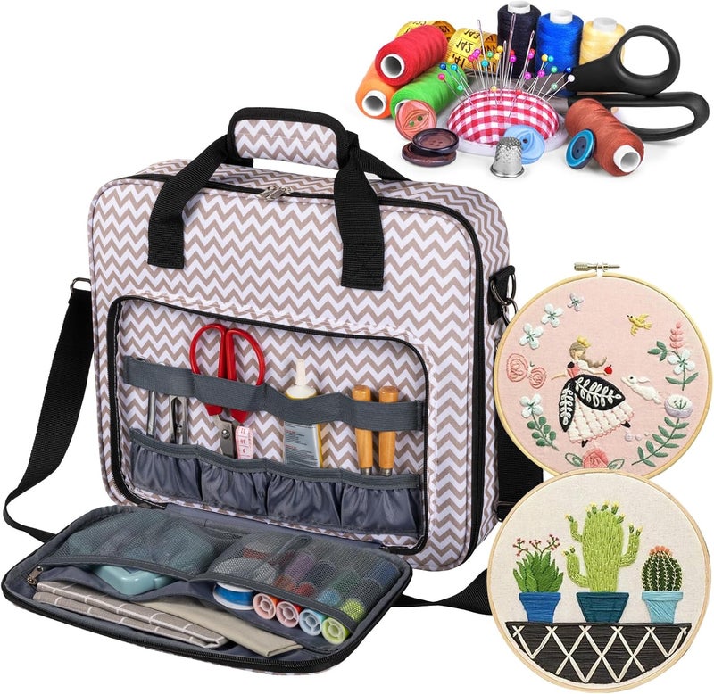 BAGLHER Cross Stitch & Embroidery Organizer Bag - Large Portable Project Storage with 3 Compartments, Travel Friendly Carrying Case for 11.2" Hoops, Threads, Supplies (Stripe) - Image 2
