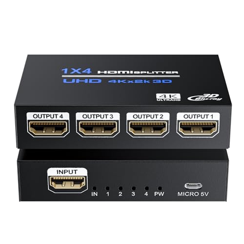 BolAAzuL 1x4 HDMI Splitter 4K 1 in 4 Out HDMI Splitter' Hub Audio Video Distributor Box 4 Way HDMI Duplicator Adapter with Power for 4 Monitors Mirror Display Multi-Screen for TV PS3 PC DVD Projector - Image 1