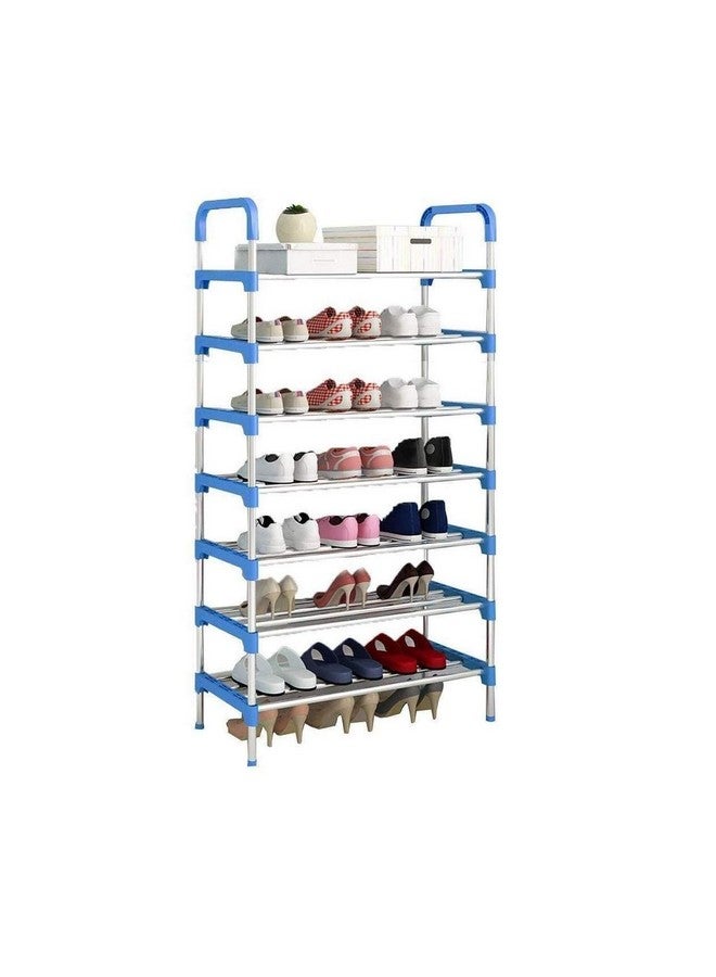 Three Secondz - Long Stainless Steel Shoe Rack Shoe Stand Storage Organizer Shoe Cabinet Durable Portable (7 Layer, Blue) - Image 1