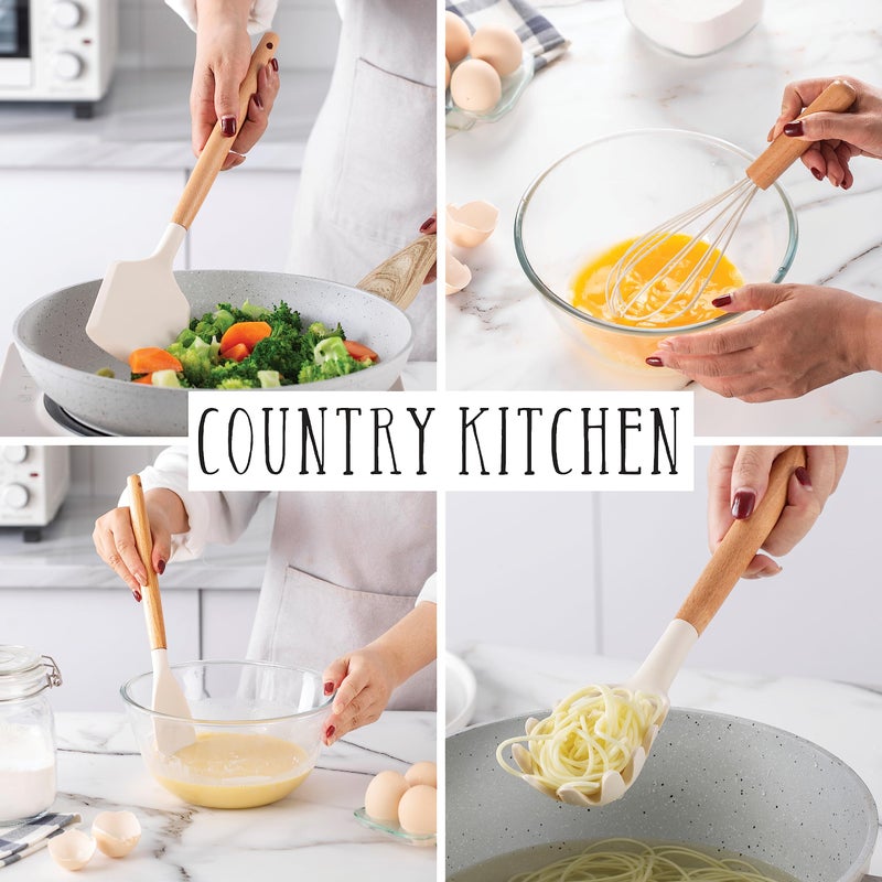 Country Kitchen Non Stick Silicone Utensil Set with Rounded Wood Handles for Cooking and Baking, 38 Piece Set, Khaki - Image 4