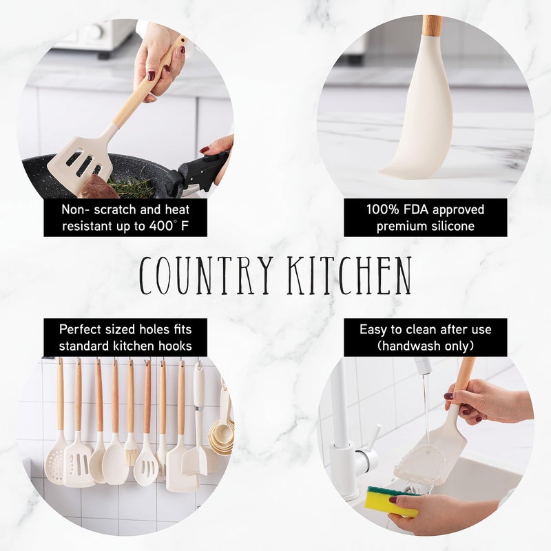 Country Kitchen Non Stick Silicone Utensil Set with Rounded Wood Handles for Cooking and Baking, 38 Piece Set, Khaki - Image 2