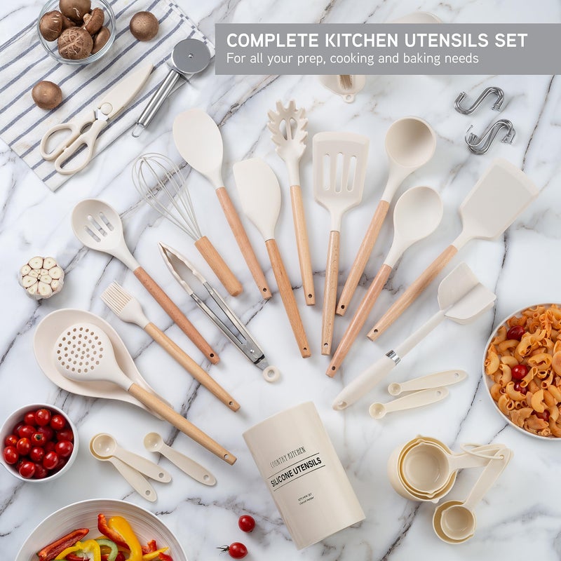 Country Kitchen Non Stick Silicone Utensil Set with Rounded Wood Handles for Cooking and Baking, 38 Piece Set, Khaki - Image 3