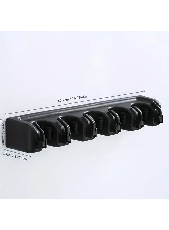 Black Wall Mounted Broom Holder With 5 Clips And 6 Hooks For Garage And Home Storage - Image 3