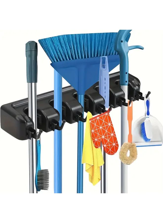 Black Wall Mounted Broom Holder With 5 Clips And 6 Hooks For Garage And Home Storage - Image 1