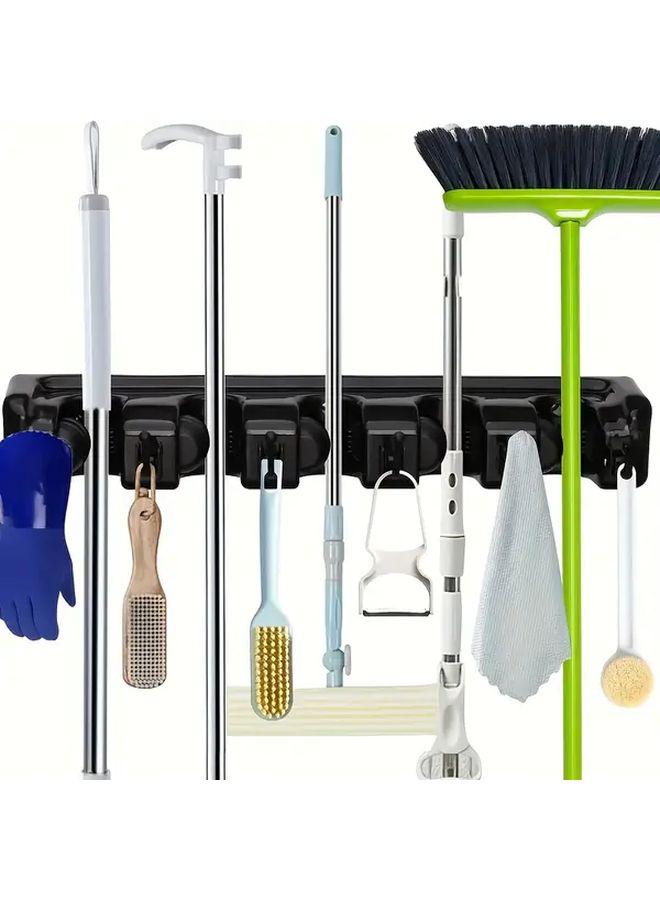 Black Wall Mounted Broom Holder With 5 Clips And 6 Hooks For Garage And Home Storage - Image 2