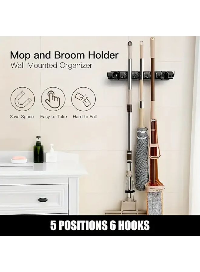 Black Wall Mounted Broom Holder With 5 Clips And 6 Hooks For Garage And Home Storage - Image 4