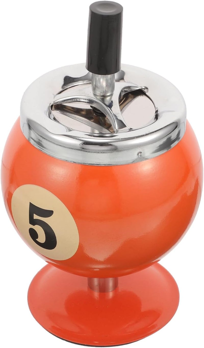 Push-button Billiard Ball Shaped Metal Ashtray, Windproof Automatic Extinguishing Desktop Ash Tray for Indoor Home and Office Use, Orange - Image 1