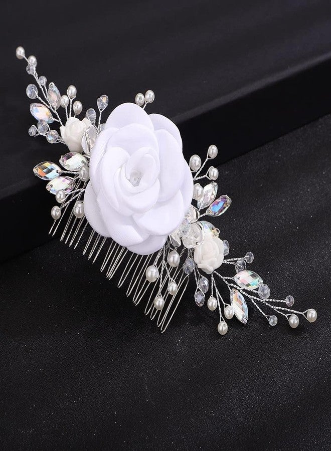 BERYUAN White Rose Flower Wedding Hair Comb Ab Color Rhinestone Pearls Wedding Hair Side Comb Handmade Rose Flower Bridal Headpiece for Women Girls (white) - Image 3
