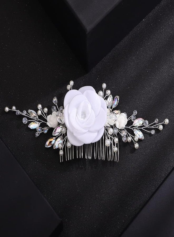 BERYUAN White Rose Flower Wedding Hair Comb Ab Color Rhinestone Pearls Wedding Hair Side Comb Handmade Rose Flower Bridal Headpiece for Women Girls (white) - Image 1