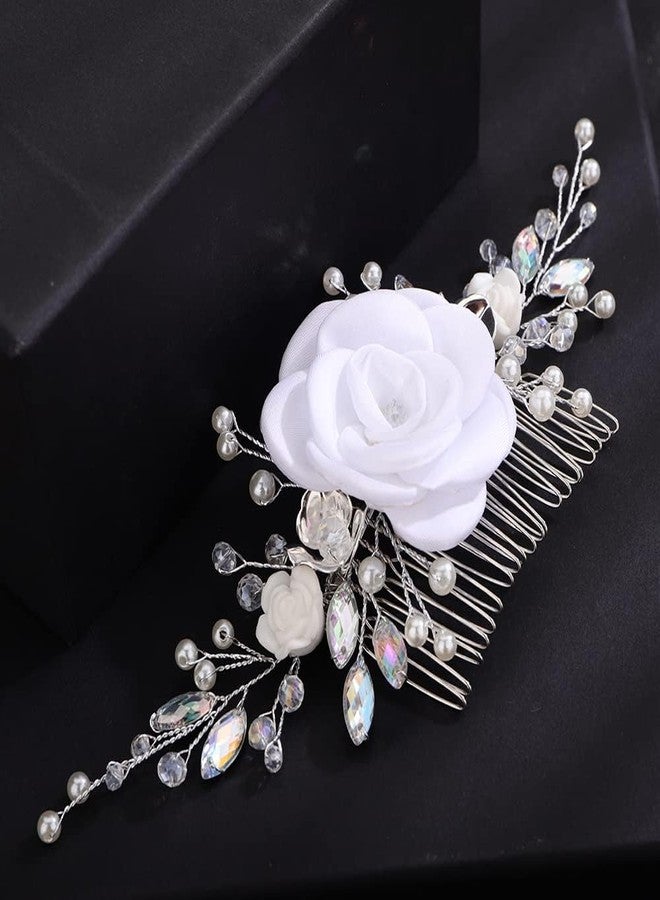 BERYUAN White Rose Flower Wedding Hair Comb Ab Color Rhinestone Pearls Wedding Hair Side Comb Handmade Rose Flower Bridal Headpiece for Women Girls (white) - Image 4