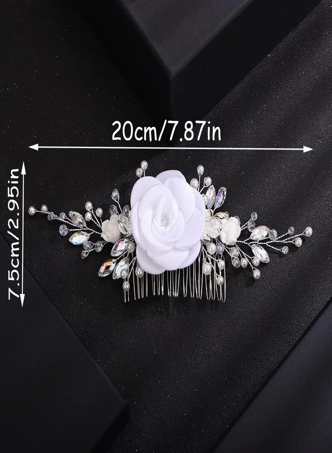BERYUAN White Rose Flower Wedding Hair Comb Ab Color Rhinestone Pearls Wedding Hair Side Comb Handmade Rose Flower Bridal Headpiece for Women Girls (white) - Image 2