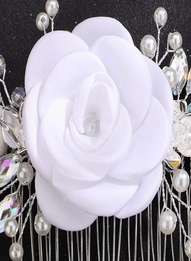 BERYUAN White Rose Flower Wedding Hair Comb Ab Color Rhinestone Pearls Wedding Hair Side Comb Handmade Rose Flower Bridal Headpiece for Women Girls (white) - Image 5
