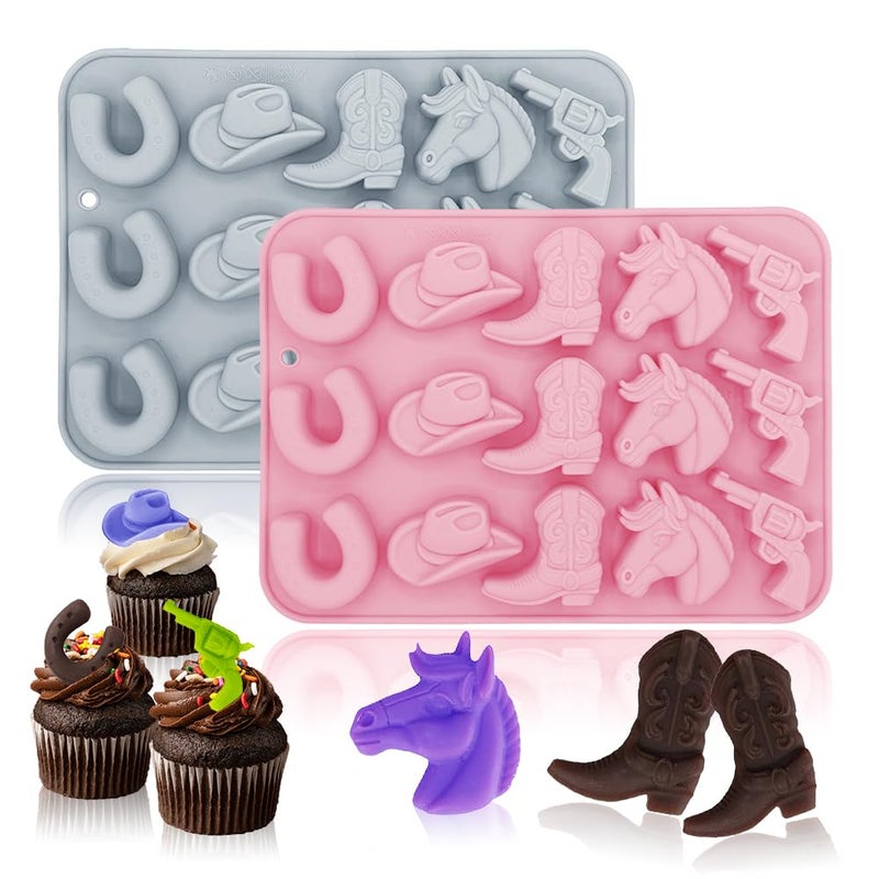 BENEKIY 2 Pack Cowboy Chocolate Silicone Molds 3D Western Themed Baking Mould Tray DIY Baking Tool with Cowboy Hat, Boot & Horse for Chocolate Cake Dessert Candy Mousse Pastry Handmade Soap Cupcake Topper - Image 1