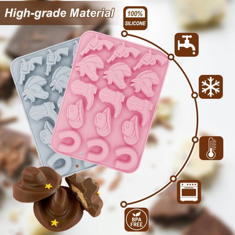 BENEKIY 2 Pack Cowboy Chocolate Silicone Molds 3D Western Themed Baking Mould Tray DIY Baking Tool with Cowboy Hat, Boot & Horse for Chocolate Cake Dessert Candy Mousse Pastry Handmade Soap Cupcake Topper - Image 3