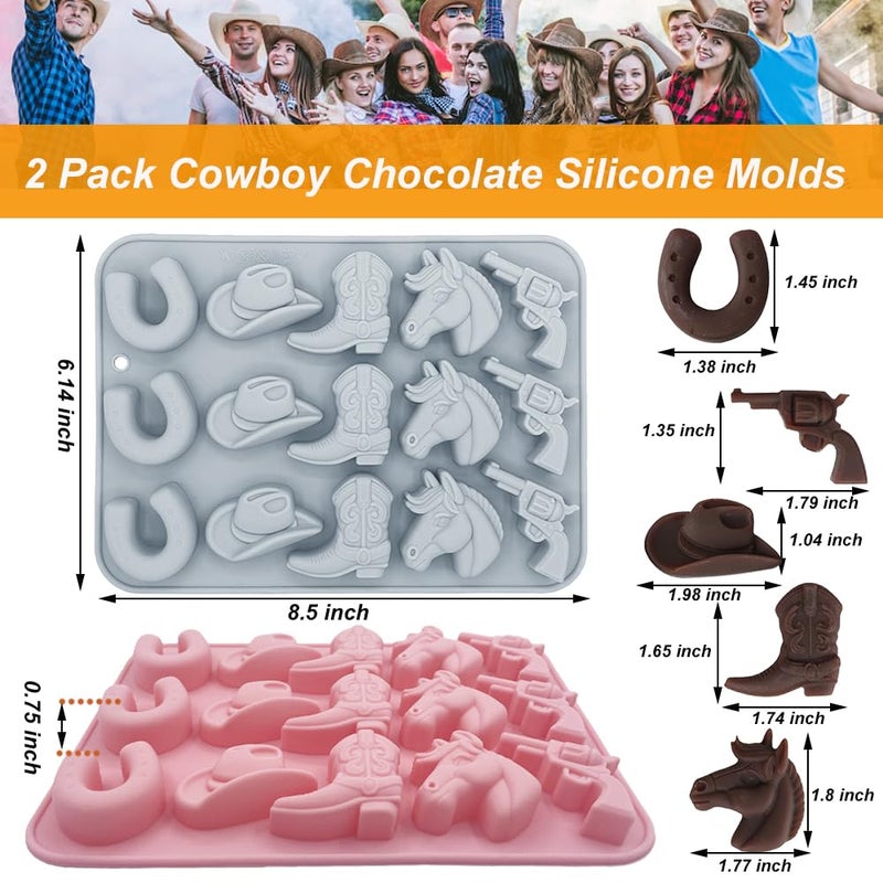 BENEKIY 2 Pack Cowboy Chocolate Silicone Molds 3D Western Themed Baking Mould Tray DIY Baking Tool with Cowboy Hat, Boot & Horse for Chocolate Cake Dessert Candy Mousse Pastry Handmade Soap Cupcake Topper - Image 2