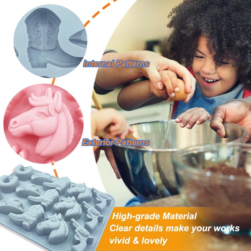 BENEKIY 2 Pack Cowboy Chocolate Silicone Molds 3D Western Themed Baking Mould Tray DIY Baking Tool with Cowboy Hat, Boot & Horse for Chocolate Cake Dessert Candy Mousse Pastry Handmade Soap Cupcake Topper - Image 4