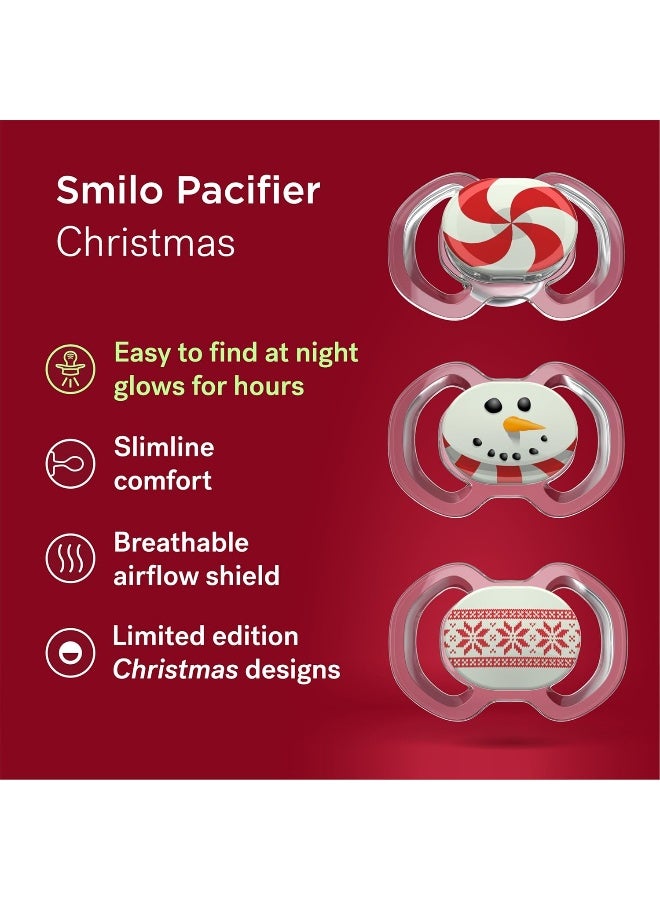 Smilo Baby Pacifier - 3 Pack of Slimline Pacifiers for Babies - Stage 3 for Babies 9+ Months - 100% Silicone Newborn Pacifiers BPA Free - Glow in The Dark - Winter Edition - Image 3