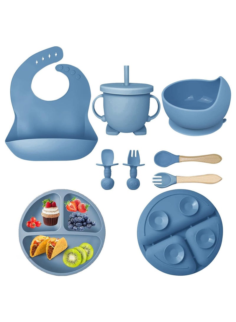 آي ميس يو مجموعة تغذية الطفل من السيليكون، مجموعة أدوات فطام الطفل المزودة بضوء LED مكونة من 9 قطع تتضمن وعاء شفط وطبقًا وملعقة وشوكة للأطفال وكوب شرب مع قشة وغطاء ومستلزمات تغذية الطفل - Image 1
