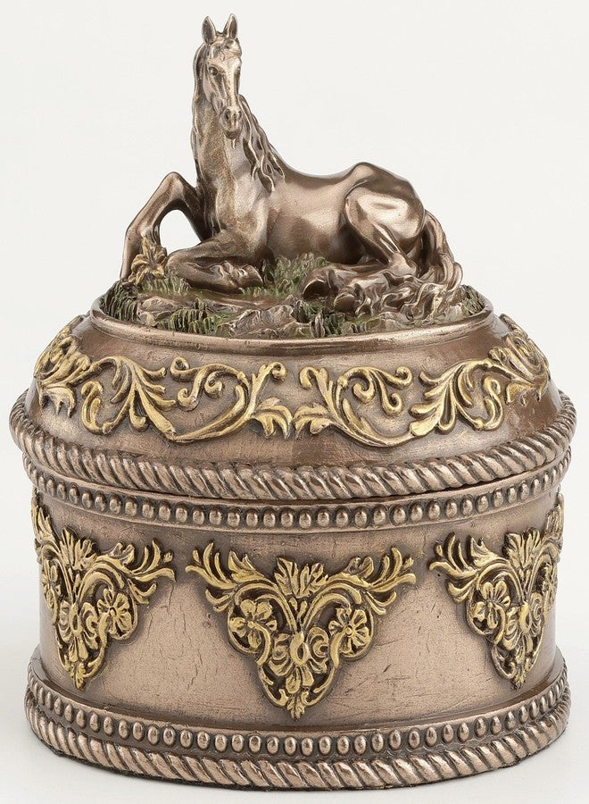 فيرونيز ديزاين صندوق مجوهرات بيضاوي الشكل على شكل وحيد القرن من تصميم فيرونيز، ارتفاعه 4 بوصات، مصنوع من الراتنج المصبوب على البارد، بلمسة نهائية برونزية، قطعة فنية قابلة للجمع - Image 3