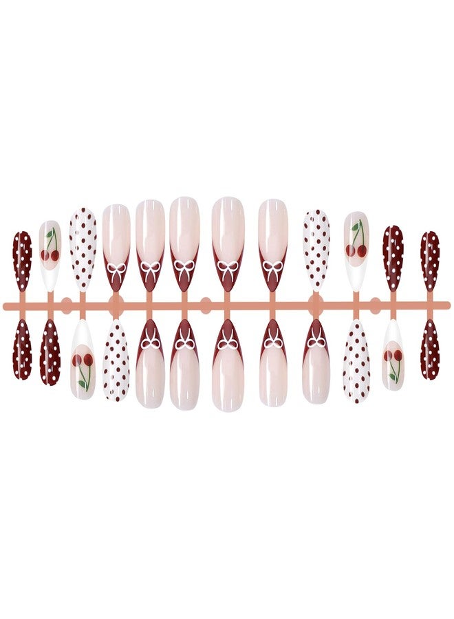 Euphily Cherry Red French Tip Press on Nails, Almond Medium Fake Nails with Polka Dot Designs Cute Bow Charm Reusable Artificial Acrylic False Nail for Women Girls 24Pcs - Image 4