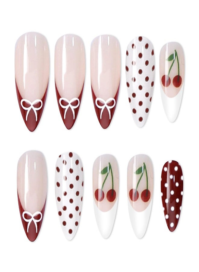 Euphily Cherry Red French Tip Press on Nails, Almond Medium Fake Nails with Polka Dot Designs Cute Bow Charm Reusable Artificial Acrylic False Nail for Women Girls 24Pcs - Image 1