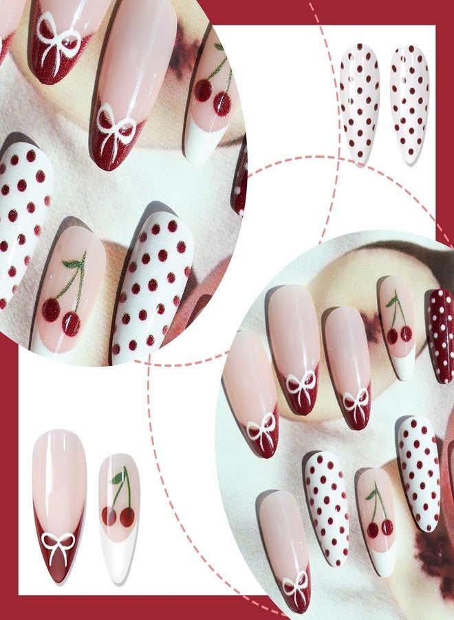 Euphily Cherry Red French Tip Press on Nails, Almond Medium Fake Nails with Polka Dot Designs Cute Bow Charm Reusable Artificial Acrylic False Nail for Women Girls 24Pcs - Image 3