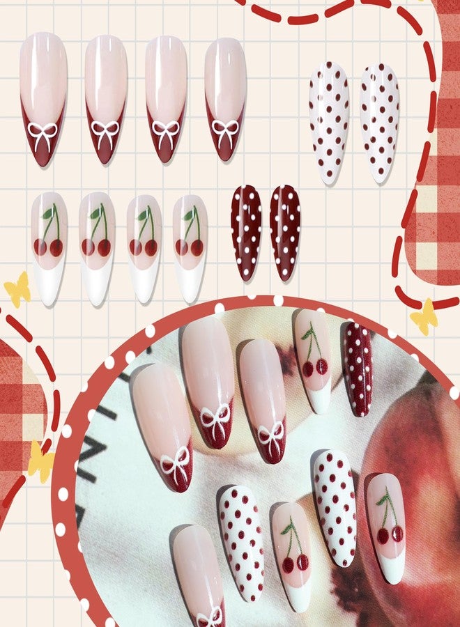 Euphily Cherry Red French Tip Press on Nails, Almond Medium Fake Nails with Polka Dot Designs Cute Bow Charm Reusable Artificial Acrylic False Nail for Women Girls 24Pcs - Image 2