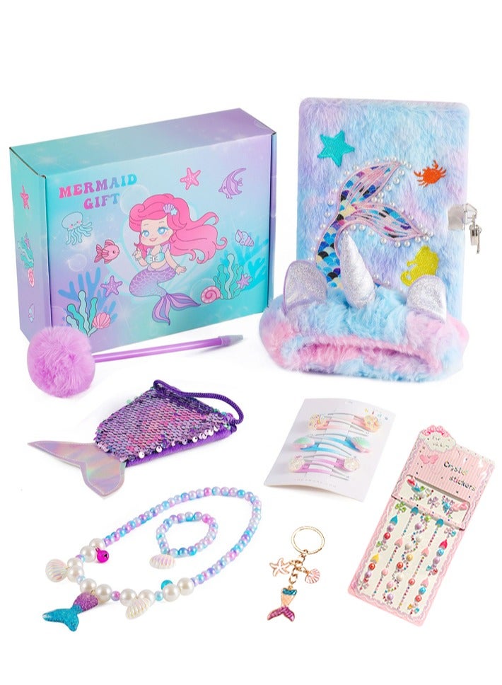KINGMAZI Mermaid Girl Toy, Girl Gift Box Set, Girl Gift with Mermaid Notebook Hairpin and Necklace, Birthday Children's Day Girl Gift, Blue  - Image 1