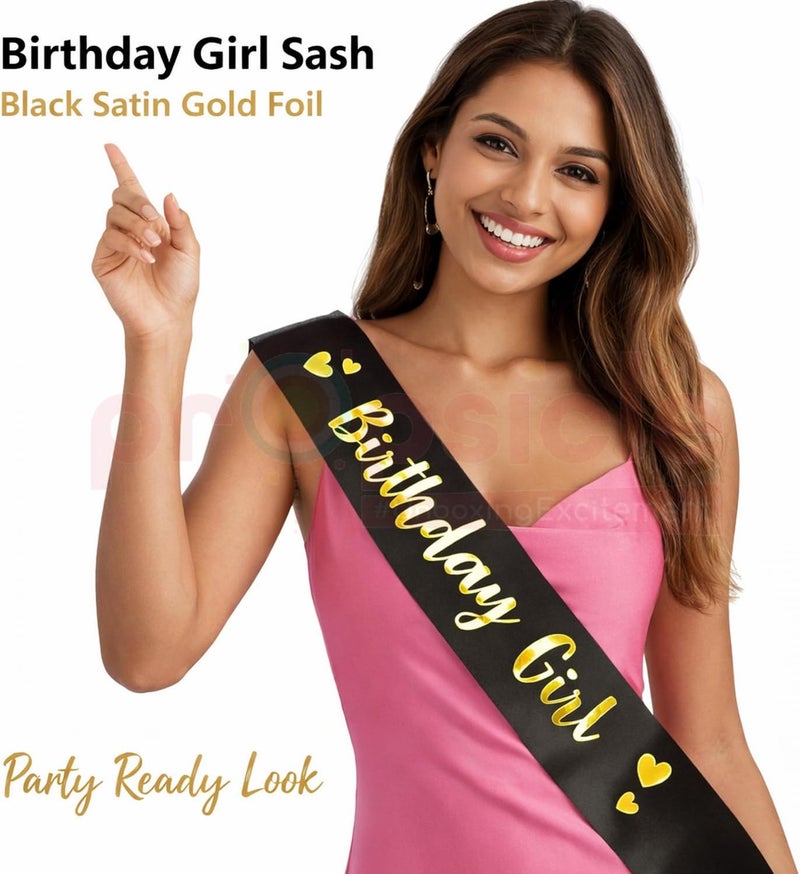 Propsicle Gulf standard sizing alternatives Black Golden Foil Happy Birthday Girl Sash - Black Theme Party Decoration for Women, Girls, Mom, 16th Bday - Pack of 1 Permanent & temporary usable - Image 3