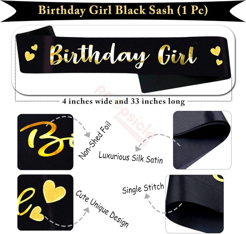 Propsicle Gulf standard sizing alternatives Black Golden Foil Happy Birthday Girl Sash - Black Theme Party Decoration for Women, Girls, Mom, 16th Bday - Pack of 1 Permanent & temporary usable - Image 2