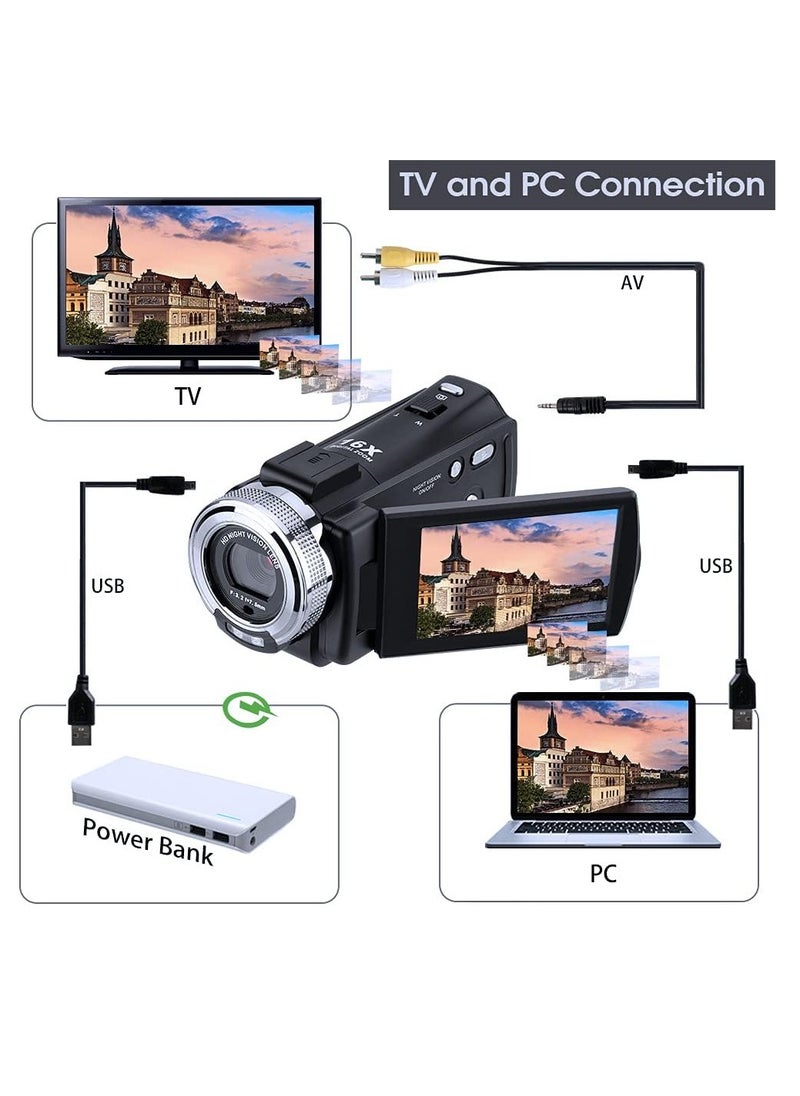 1080P Full HD 16X Digital Zoom Recording Video Camera كاميرا فيديو محمولة مع شاشة LCD قابلة للدوران 3.0 بوصة كحد أقصى. 30 ميجا بيكسل تدعم الرؤية الليلية كشف الوجه وتجميل الوجه