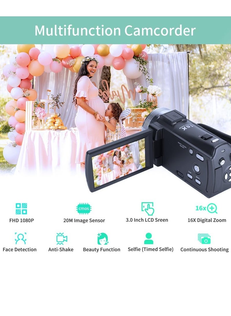 1080P Full HD 16X Digital Zoom Recording Video Camera كاميرا فيديو محمولة مع شاشة LCD قابلة للدوران 3.0 بوصة كحد أقصى. 30 ميجا بيكسل تدعم الرؤية الليلية كشف الوجه وتجميل الوجه