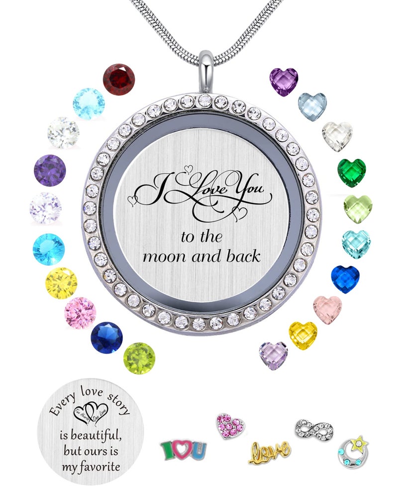Beffy Best Gift for Mom & Grandma, Memory Floating Locket Pendant Necklace with Birthstones & Charms - I Love You To The Moon And Back - Image 1