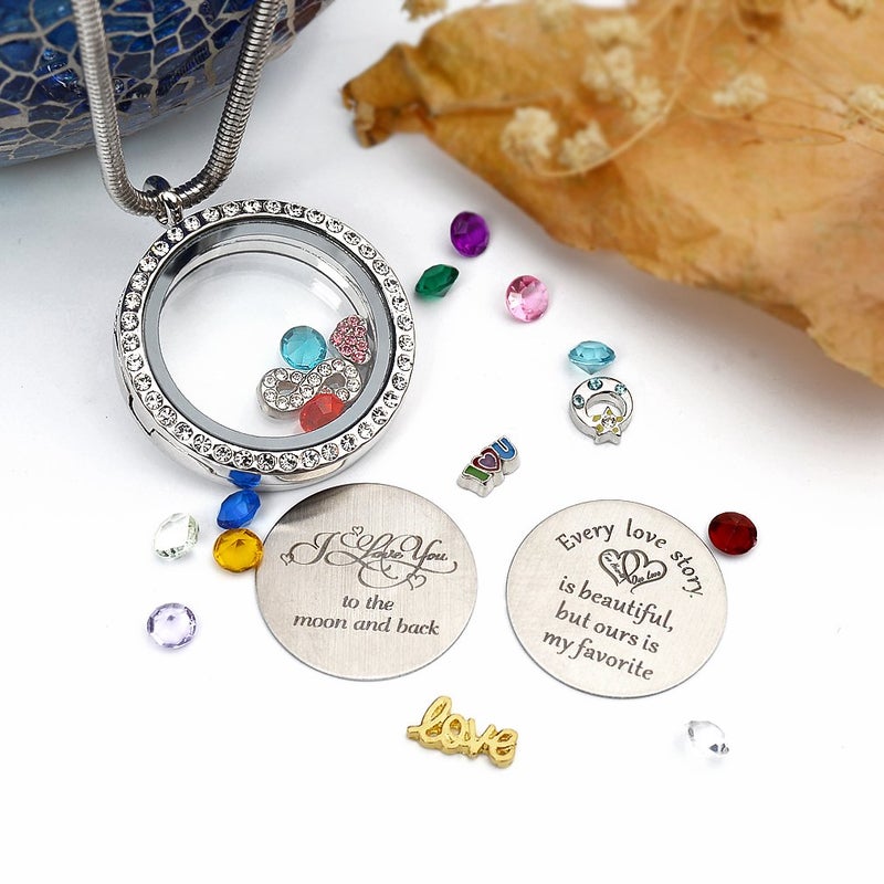 Beffy Best Gift for Mom & Grandma, Memory Floating Locket Pendant Necklace with Birthstones & Charms - I Love You To The Moon And Back - Image 4