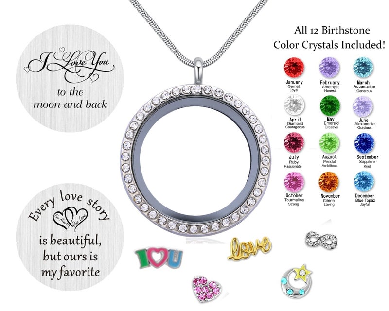 Beffy Best Gift for Mom & Grandma, Memory Floating Locket Pendant Necklace with Birthstones & Charms - I Love You To The Moon And Back - Image 3