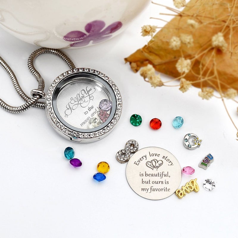Beffy Best Gift for Mom & Grandma, Memory Floating Locket Pendant Necklace with Birthstones & Charms - I Love You To The Moon And Back - Image 5