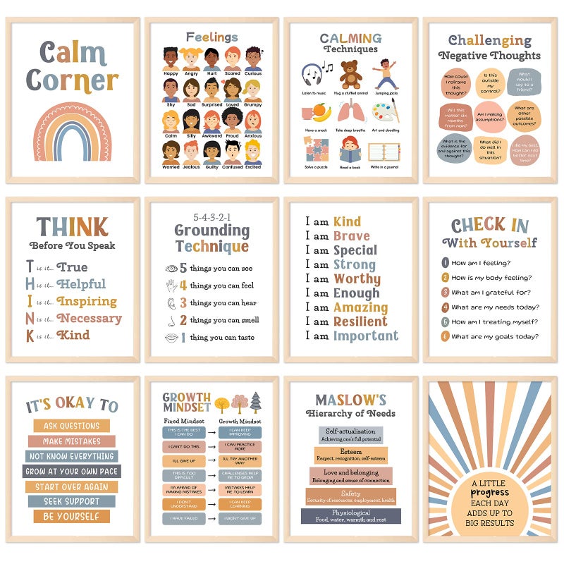 Whaline بوهو 12 ورقة ملصقات صف هادئة مخطط مشاعر الصحة النفسية العودة إلى المدرسة مهارات التكيف التعليمية ملصقات العلاج 11 × 14 بوصة