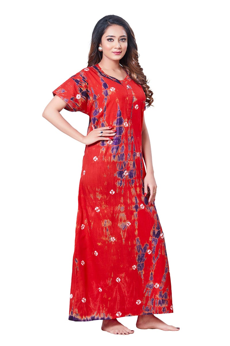 NEGLIGEE Women's Cotton Printed TIE DYE Maxi Gown Ankle Length Nighty Night Dress for Women Free Size - 1 Red - Image 1