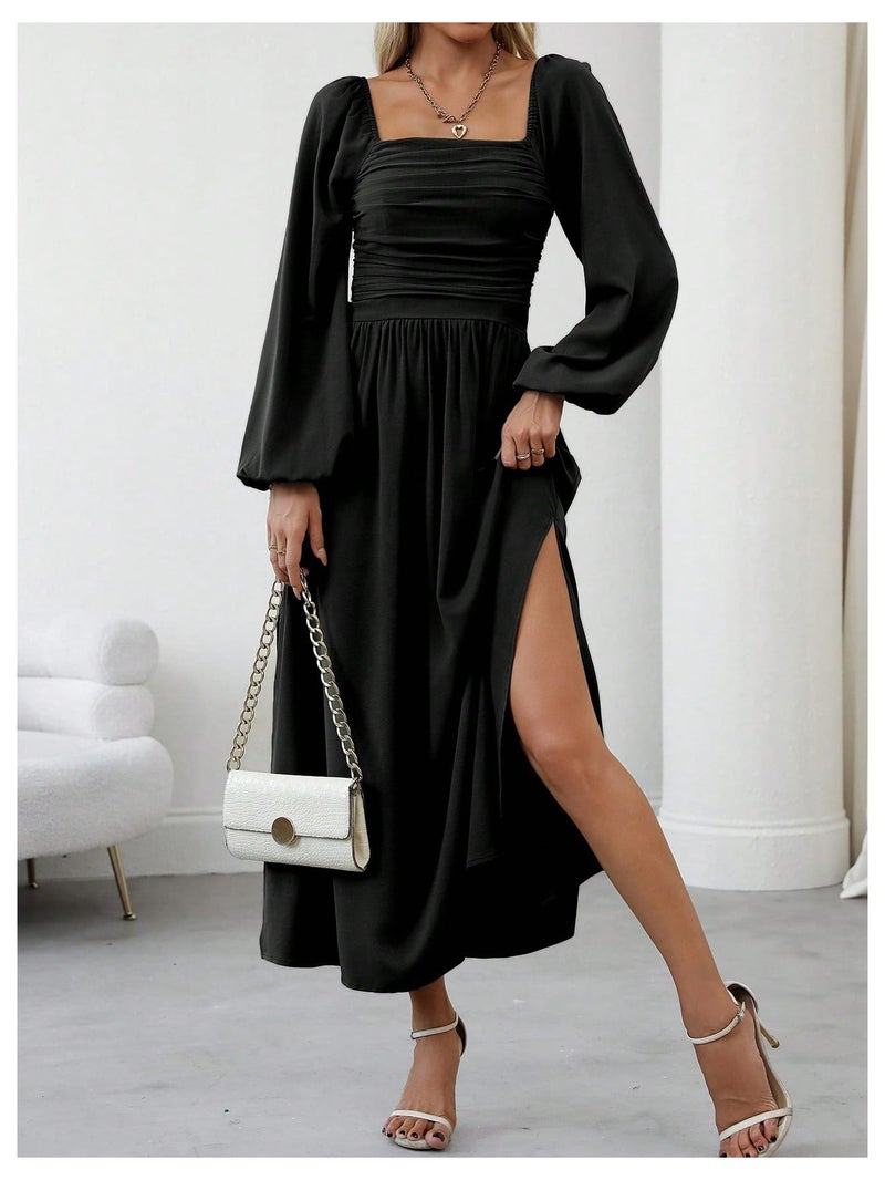 Floerns Women's Square Neck Lantern Long Sleeve Dress Split Ruched Party Midi Dresses Black Large - Image 5