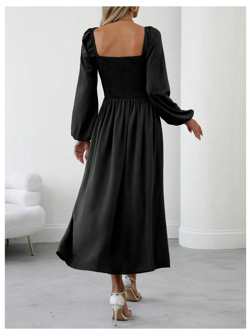 Floerns Women's Square Neck Lantern Long Sleeve Dress Split Ruched Party Midi Dresses Black Large - Image 2