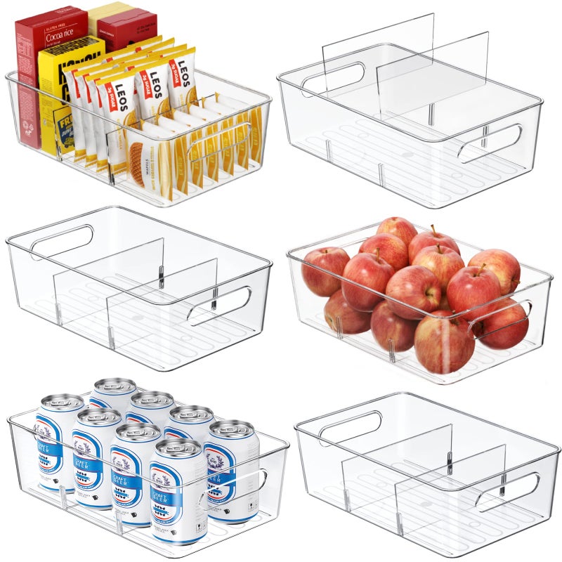Mpotmiy 6 Pack Pantry Organizers and StorageClear Plastic Containers with 2 Dividers for KitchenFridge Organization and StorageAcrylic Bins for PounchesSpice PacketSnack organzier