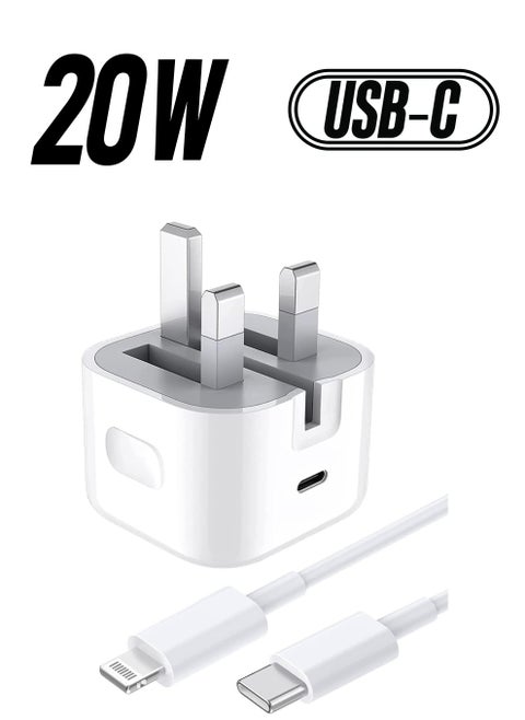20W USB C Fast Charger With 1M Cable for iPhone 14/14 Plus/14 Pro/14 Pro Max/13 12 11 X XR XS SE 2020 8 7 6 6S Mini, Pad Pro, USBC PD Wall Charging Plug UK Type C Power Adapter and 3.3FT