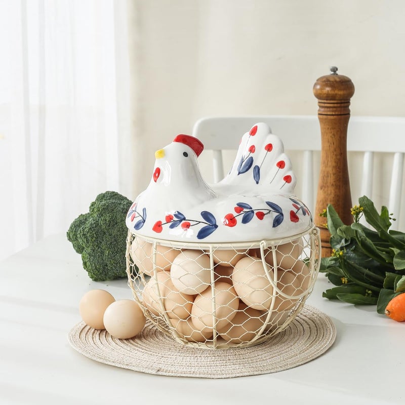 oskas Chicken Egg Holder, Fresh Egg Storage Basket Countertop,Decorative Ceramic Lid with Wire Basket,Holds 2 Dozen Egg, White3 - Image 2