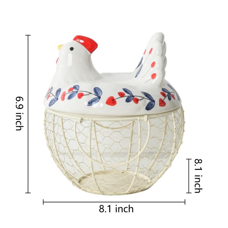 oskas Chicken Egg Holder, Fresh Egg Storage Basket Countertop,Decorative Ceramic Lid with Wire Basket,Holds 2 Dozen Egg, White3 - Image 4